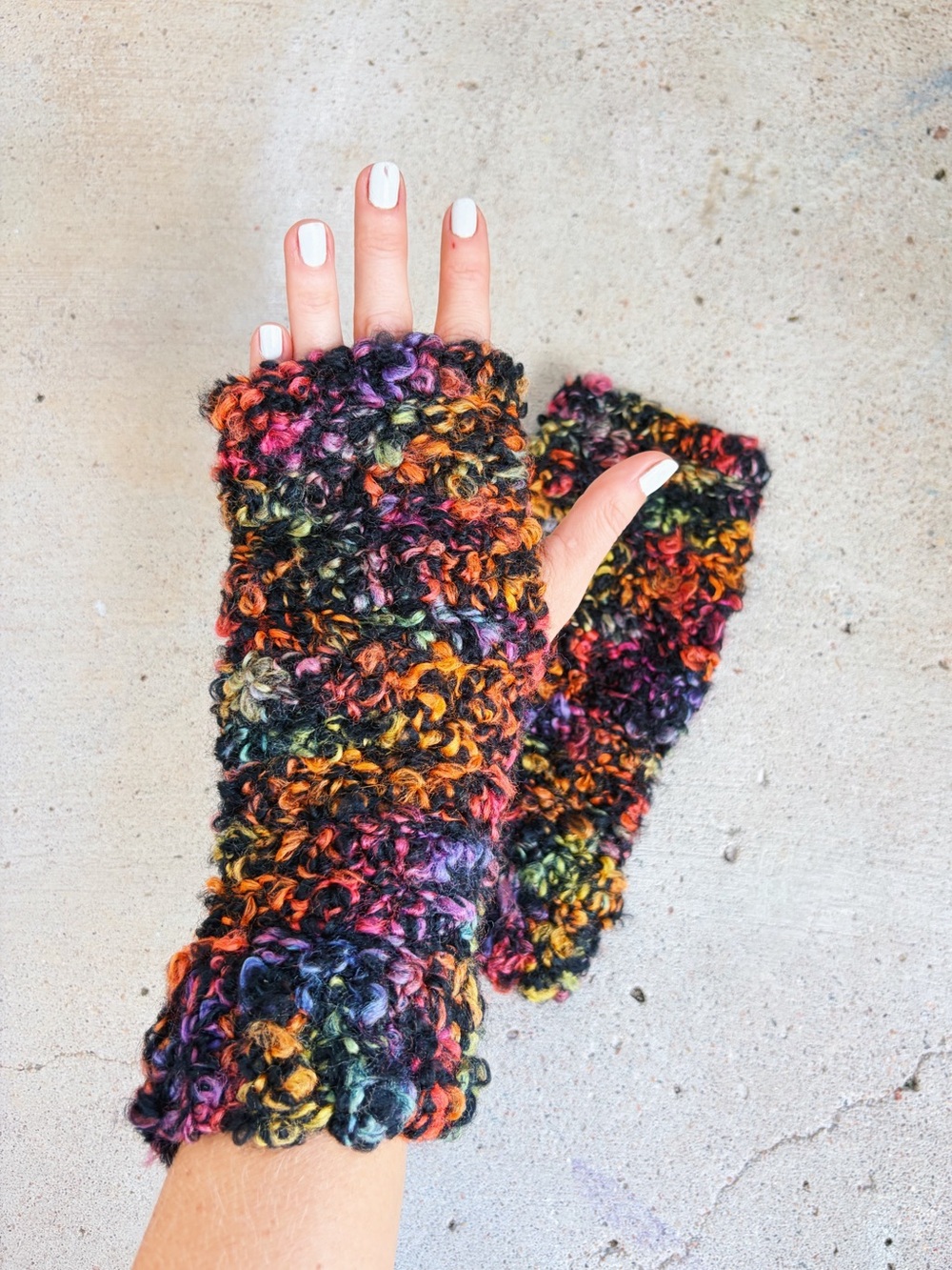 Handmade Crocheted Fuzzy Rainbow Fingerless Gloves